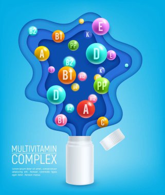 Kağıt kesiği multivitamin ve vitamin karışımı şişeler sağlıklı beslenme için, vektör posteri. Gıda takviyesi şişesinde vitamin ve mineraller var. Sağlık ve multivitamin paketleri için kesilmiş kağıtlara sıçrıyor.