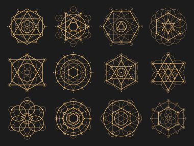 Kutsal geometri, esrarengiz işaretler, gizemli Tarot kartları, vektör sembolleri. Pentagram yıldızlarının kutsal geometrisi mason piramitleri ve astroloji, simya veya ezoterik sembolleri.