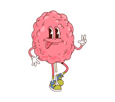 Pamuk helva komik, havalı hippi tatlısı ve tatlı karakter. İzole edilmiş çizgi film vektörü pembe, tüylü, retro tedavi kişiliği şeker kaplı dalları ve spor ayakkabıları diline yapışmış şekerli neşe sokan