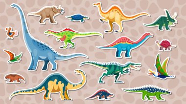 Prehistoric dinosaur stickers set. Vector adhesive patches with cartoon herbivores, carnivores and flying ancient reptile animals. Funny decorative badges for scrapbook or kids school fun activities clipart