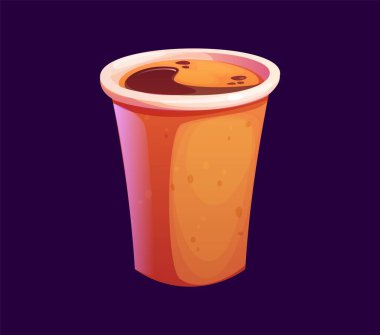 Karikatür fast food kahve fincanı köpükle kaplı, rahatlatıcı sıcak içecekle dolu. İzole vektör zengin, koyu sıvı tek kullanımlık bardakta, rahat bir sabah konforu yayar ve rahatlar.