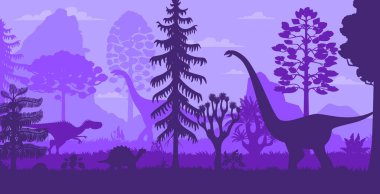 Prehistoric dinosaurs silhouettes in tropical jungle forest of Jurassic era, vector background. Prehistoric dino park or paleontology museum banner with giant lizards and dinosaur reptiles silhouettes clipart