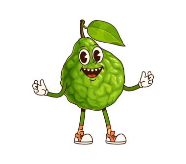 Muhteşem tropikal bergamot meyve karakteri. İzole edilmiş çizgi film vektörü taze narenciye bergami bitkisi kırışık yeşil kabuklu, mutluluk ve enerji taşıyan retro-funky titreşimlerle sağlıklı beslenmeyi teşvik eder.