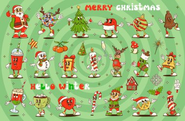 Groovy Christmas characters in retro cartoon for winter holiday, vector emoji. Groovy Santa with funny Christmas tree and funky snowman with happy smile, New Year decorations and funky elf with deer clipart