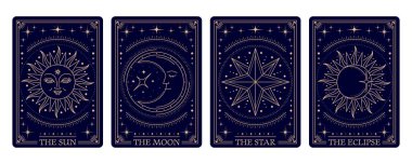 Sihirli tarot kartları, mistik esrarengiz okült çerçeveler karmaşık desenler ve yıldızlar, güneş ve hilal gibi okült semboller sergiliyor. Astroloji ve falcılık için ruhani doğaüstü kartlar.