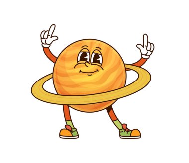 Satürn Güneş Sistemi muhteşem gezegen karakteri gülümseyerek ve poz vererek büyük halkalarını gururla sergiliyor. 60 'lar ve 70' ler modası geçmiş ve modaya uygun spor ayakkabıları olan izole çizgi film vektör alanı nesnesi.