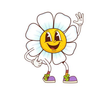 Havalı papatya çiçeği karakteri. İzole edilmiş karikatür vektörü papatya çiçeği kişiliği beyaz taç yaprakları, klasik spor ayakkabılar, büyük gözler, geniş, büyüleyici bir gülümseme ve rahat bir yaz havası.