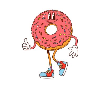 Donut, hippi tatlısı, şeker ve şeker karakteri. İzole edilmiş karikatür vektör çörek çörek kişiliği, komik gülüşü, pembe jölesi, ayakkabıları ve renkli şekerlemeleri, 70 'lerin klasik havasını somutlaştırıyor.