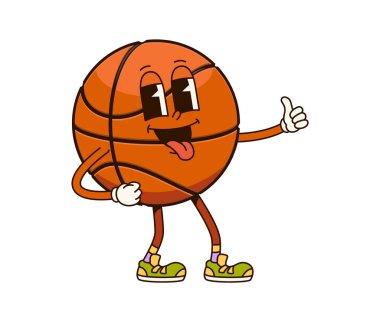 Havalı basketbol topu karakteri. İzole edilmiş vektör retro spor şahsiyeti klasik spor ayakkabıları giyiyor, dilini gösteriyor ve baş parmak işareti yapıyor, neşeli ve dost canlısı bir klasik ruhu somutlaştırıyor.