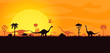 Jurassic döneminin günbatımında dinozorların siluetleri, vektör arkaplan. Tarih öncesi dev kertenkeleler, dino pterozorlar ve sürüngenler ormanda siluetler paleontoloji için günbatımı ile birlikte