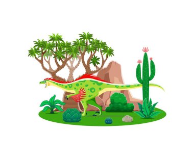 Raptor tarih öncesi dinozor karakteri. Karikatür vektörü renkli, çift ayaklı dinazorlar. Ağaç ve kaktüslerle bembeyaz arazide kırmızı tüyleri var. Jurassic dönemi sahnesinde antik sürüngen hayvanı