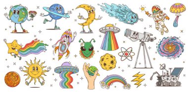 Eski hippi psikedelik astronot, uzaylı, UFO, roket ve gezegenlerin çizgi film karakterleri. Şirin Dünya, Ay, kuyruklu yıldız, mutlu güneş ve teleskopun klasik trippy vektör kişiliği.