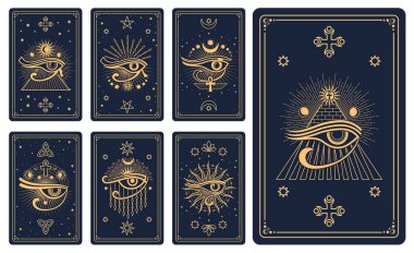 Mistik, esrarengiz, okült ve astroloji sembollü sihirli tarot kartları vektör çizgisi göksel çerçevelerinde. Altın geometrik desenli tarot kartları, Ay, Horus 'un gözü ve Ankh sembolleri.