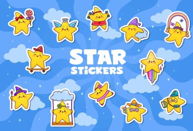 Komik kawaii yıldız çıkartmaları, parlak karakterler kaykay, sihirbaz şapkası takan, gökkuşağıyla atlayan, bulutların üzerinde uyuyan, mavi gökyüzü arka planında bulutlu bir plajda kokteyl içen