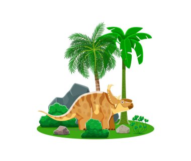 Pachyrhinosaurus prehistoric dinosaur animal character with palms. Cute jurassic dino lizard vector personage, prehistoric forest trees and green plants. Cartoon extinct ceratopsian herbivore dinosaur clipart