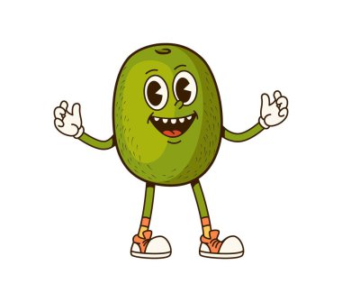 Çizgi film modası geçmiş, havalı, hippi havası olan bir kivi meyvesi karakteri. İzole vektör anlamlı ve egzotik tropikal meyve komedisi 60 'lı yılların neşeli ve kaprisli özünü yakalıyor.