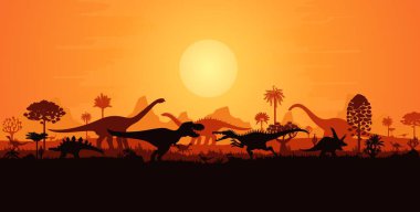 Giant dinosaurs fighting silhouettes in sunset landscape of Jurassic era, vector background. Prehistoric dino park or paleontology museum banner with fighting roaring T-rex and dinosaurs silhouettes clipart