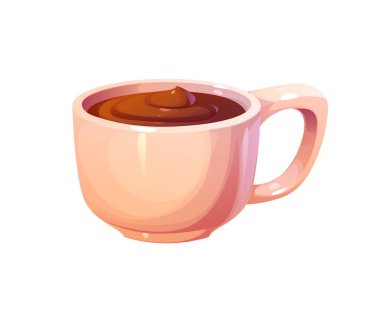 Çizgi film sıcak çikolata bardağı, saplı beyaz porselen bardak sıcak kahverengi içecek içeriyor. İzole edilmiş vektör tatlı içeceği kış tatilleri ve rahatlama temaları için konfor ve konfor yayar.