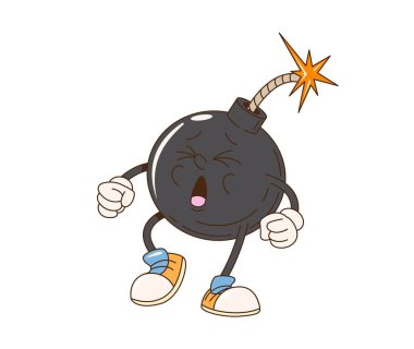 Çizgi film modası geçmiş, yuvarlak, siyah gövdeli bomba karakteri, tepesinde ve yüzünde sanki patlamak üzereymiş gibi kıvılcımlar saçıyor. İzole edilmiş vektör patlayıcı silah kişiliği patlamaya hazır.