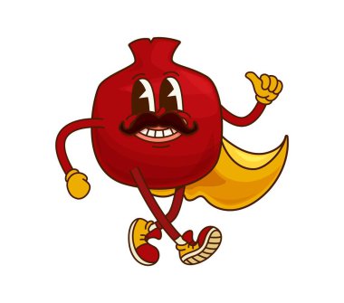 Muhteşem nar meyveli Cadılar Bayramı Büyücüsü karakteri. Sulu tropikal meyve büyücüsü mutlu çizgi film vektör karakteri, olgun nar büyücüsü ya da büyücü izole edilmiş havalı kişi ya da mutlu gülümseyen maskot.