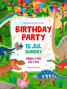 Komik tarih öncesi dinozorları olan doğum günü partisi broşürleri, vektör çocukların olay posterleri. Dino partisi davetiyesi Jurassic T-rex dinozor ve kertenkele karakterli doğum günü partisi için.