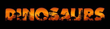 Dinozorların günbatımı siluetleri Jurassic dönemi ormanı ve vektör arkaplanlı harflerle. Tarih öncesi dinozor parkı ya da paleontoloji müzesi pankartı. Ormanda dev kertenkeleler ve dinozor siluetleri var.