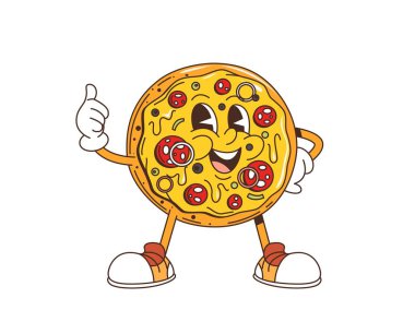 Çizgi film modası geçmiş fast food pizza karakteri başparmağı havada ve komik yüzlü vektör karikatür sanatı. Salamlı harika fast food pizzası, mutlu bir gülümseme ve pizzacı menüsü için nefis bir jest.