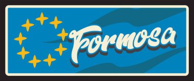 Formosa Arjantin 'in klasik seyahat plakası. Vektör sarı yıldızlar, Arjantin seyahati veya turizm tabelası ve retro çıkartması. Otomobil plaketi, konserve etiketi, mavi tabela turizm beldesi