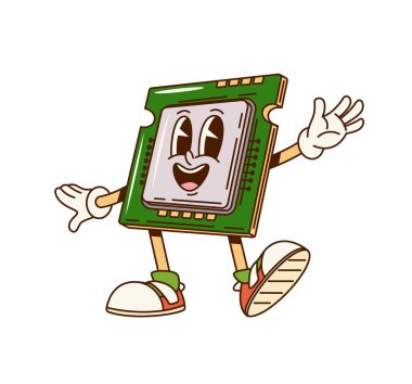 Komik yüzlü harika bilgisayar çipi karakteri vektör funky retro çizgi film karakteri. Neşeli gülüşü olan ya da dijital donanım çizgi film karakteri için olumlu titreşimlerle gülen harika bir bilgisayar çipi seti.