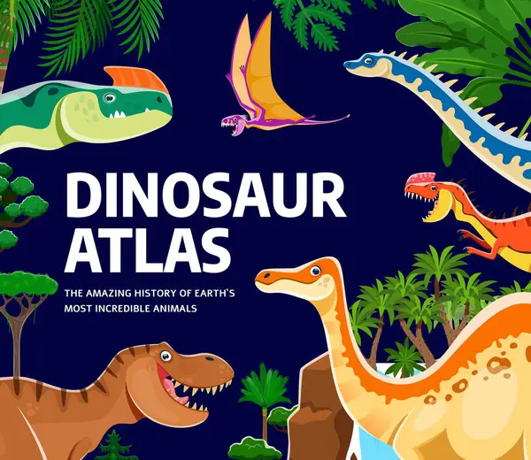 Tarih öncesi dinozorlar ile Atlas kitap kapağı karakter vektör arkaplan çerçevesi. Komik Tyrannosaurus rex, dimorphodon, kileskus ve palmiye ağaçları ile Jurassic dino hayvanları ansiklopedisi