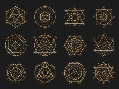 Kutsal gizemli geometri. Vektör Metatron küp, hayat çiçeği, sri yantra, merkaba ve hayat ağacı. Hexagram, vesica pisci, yaşam tohumu veya pentagram. Heptagram, oktagram ruhani simetrik işaretler