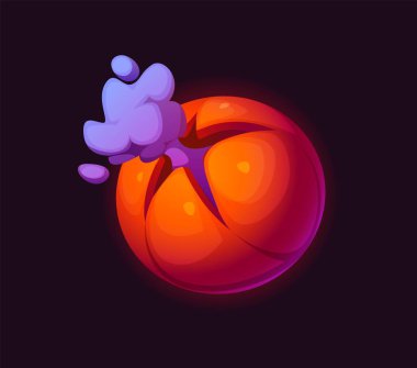 Çizgi film galaksisi fantezi uzaylıları büyük çatlaktan çıkan dumanla uzay gezegenini çatlattı. Turuncu ve kırmızı tonlarda hasarlı yüzeyi olan gizemli gök cismi karanlık bir evrende yüzüyor.