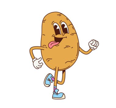 Harika patates sebze retro karakteri. İzole edilmiş çizgi film vektörü tuhaf olgun çiftlik sebzesi komik kişi spor ayakkabı ve eldiven giyiyor, koşuyor ya da gülümseyen bir yüzle koşuyor ve dilini dışarı çıkarıyor.