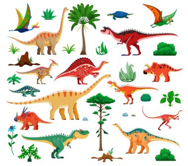 Tarih öncesi dinozorlar ve Jura dönemi kertenkele koleksiyonu komik dinazorlar, vektör çizgi film karakterleri. Tarih öncesi dinozorlar, kuşlar ve sürüngenler, styracosaurus ve arrhinosurus, tapejara ve henodus