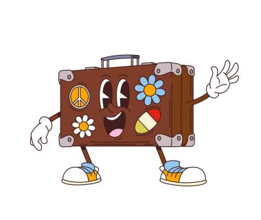 Çizgi film modası geçmiş deri seyahat valiz karakteri komik yüzlü, vektör 70 'lerin hippi çizgi romanı. Havalı seyahat çantası ya da içinde barış işareti olan bavul ve komik gülümsemesi olan bayrak etiketleri.