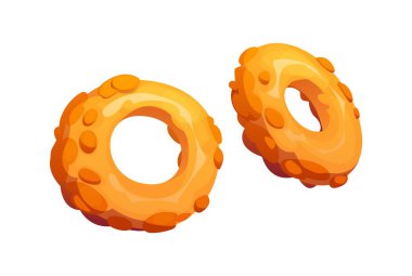 Çizgi film soğanı fast food yemeği halkaları. İzole edilmiş vektör çifti, kızarmış, gevrek, kahverengi kaplamalı sebze çemberleri. Fast food lokantası atıştırması. Pişmiş lezzetli aperatif, çıtır çıtır atıştırmalık.