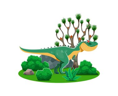 Allosaurus prehistoric dinosaur character. Cartoon cute dino animal personage on jurassic park nature landscape vector background. Funny theropod dinosaur with prehistoric tree, cactus and green grass clipart