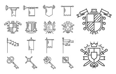 Ortaçağ hanedanlığı. Vektör kalkanı, arması ve arması kraliyet tacını, şövalye kılıçlarını ve süslü kurdele pankartlarını içeren klasik hanedanlık arması. Kral bayrakları, anahtarlar, Victoria süslemeleri ve çelenkleri