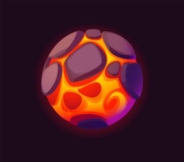 Çizgi film galaksisi fantezi kırmızı magma uzay gezegeni. Gece gökyüzünde yuvarlak tümsekleri olan ateşli turuncu küre. Dünya dışı dünya ya da yıldız parlayan, erimiş dokusuna sahip, oyun değeri