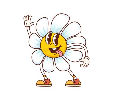 Havalı papatya çiçeği karakteri yapışkan dili ve gevşek yaz havasıyla. İzole edilmiş karikatür vektörü papatya çiçeği kişiliği beyaz yapraklar, klasik ayakkabılar, büyük gözler ve geniş bir gülümseme.