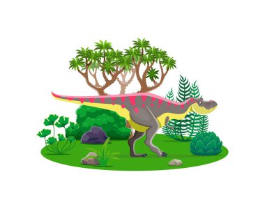 Karikatür dinozoru ya da orman ormanındaki tarih öncesi kertenkele Tarbosaurus, vektör dino karakteri. Tarih öncesi dinozor kertenkelesi, çocuk paleontoloji ansiklopedisi için Kretase Dönemi 'nin Tarbosaurus' u.