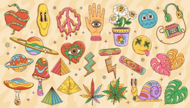70 'lerin modası geçmiş 80' lerin hippi ve havalı sembolleri. Komik papatya çiçeği ve hippi barış sembollü sarı gülücük vektör karakterleri. Psikedelik mantarlar ve gezegen, yıldırımlar, piramitler ve kalpler