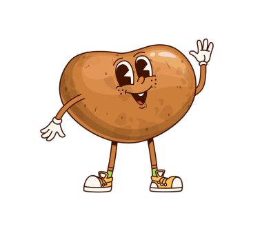 Harika bir sebze patates karakteri. İzole edilmiş çizgi film vektörü sevimli olgun çiftlik yemeği kişiliği spor ayakkabısı ve eldiven giyerek, gülen yüz ifadesiyle el sallayarak, eski moda titreşimler yayar.