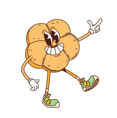 Çizgi film eski moda Japon monaka tatlı karakteri. Japon tatlı yiyeceği retro y2k kişiliği. İzole vektör eğlencesi ve neşeli çerez çiçek şeklinde neşeli ifade ve parmak tabancası jesti