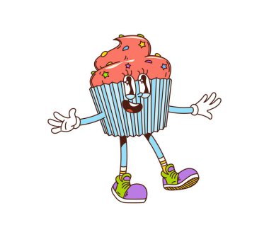 Çizgi film tarzı kek fırını ve spor ayakkabılı pasta karakteri, üzerinde pembe şekerleme, serpiştirme ve yıldızlar, kollarını neşeli bir şekilde açıyor. Retro kek kişiliği neşeli bir hava yayar.