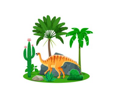 Camptosaurus, palmiyeleri ve kaktüsleri olan tarih öncesi dinozor karakteri. Karikatür Jurasik Dinozor, komik gagalı kertenkele hayvan vektör kişiliği tarih öncesi orman ağaçları, bitkiler ve taş taşlarla