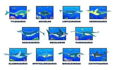 Cartoon prehistoric underwater dinosaurs. Vector set of ancient underwater creatures, with their names. Sea and ocean swimming dino animals in colorful, vibrant scenes with marine plants and corals clipart