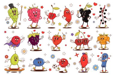 Retro çizgi film, meyveli meyve karakterleri, vektör yiyecek. Komik ahududu, çilek ve kiraz, psikedelik hippi yabanmersini, yabanmersini, böğürtlen ve bektaşi üzümü kişiliği, harika meyveli yiyecekler.