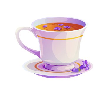Zarif, mor çiçeklerle süslenmiş beyaz bir fincanda lavanta çayı. Bitkisel içecek ve doğal çiçeklerle dolu izole vektör porselen bardak rahatlama ve refah hissi uyandırıyor.