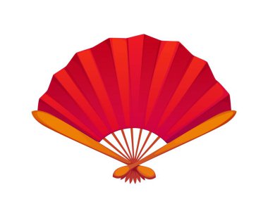 Geleneksel Çin kırmızı el yelpazesi. Pilili kıvrımları ve zarif bir sapı var. Ayın izole çizgi film vektörü Yeni Yıl bayramı Cny kutlaması için kültürel eşya, zarafet, sanat ve moda